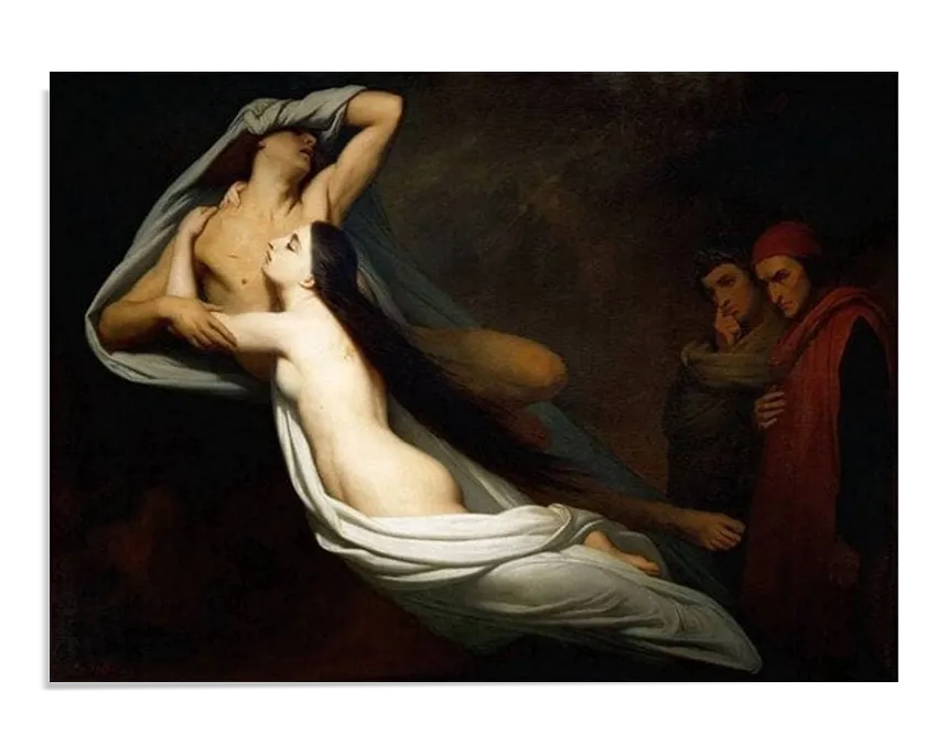 A dramatic painting featuring two ghostly lovers, Paolo and Francesca, floating in a sorrowful embrace as they drift through darkness. Their bodies are wrapped in flowing white fabric, giving them an ethereal appearance. In the background, two shadowed figures, Dante and Virgil, observe them with solemn expressions. The deep contrast between light and shadow enhances the painting’s tragic and haunting atmosphere.