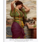 A painting of a woman in flowing robes, standing next to a table with a goldfish bowl. Her posture is graceful as she admires the goldfish, with her long hair cascading over her shoulder. The vibrant green, purple, and gold colors of her dress contrast with the soft, neutral background of marble and stone. The piece captures a moment of tranquility and elegance.