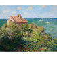 A coastal Impressionist scene by Claude Monet, featuring a small house on a cliff overlooking the sea, with vibrant greenery and boats floating in the calm waters. The soft color palette and loose brushwork capture the serenity and beauty of the French coastline. Perfect for nature and coastal art lovers, this fine art print offers a peaceful and inviting atmosphere for any space.