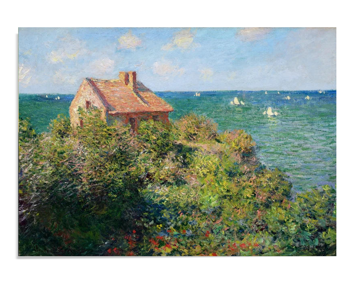 A coastal Impressionist scene by Claude Monet, featuring a small house on a cliff overlooking the sea, with vibrant greenery and boats floating in the calm waters. The soft color palette and loose brushwork capture the serenity and beauty of the French coastline. Perfect for nature and coastal art lovers, this fine art print offers a peaceful and inviting atmosphere for any space.