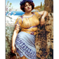 A classical portrait of a woman in a flowing yellow and blue gown, sitting gracefully in an outdoor setting with a floral headpiece. She is surrounded by a lush landscape with trees, a distant coastline, and classical architecture. The painting captures her serene expression and the delicate details of her attire, creating a timeless and elegant image.