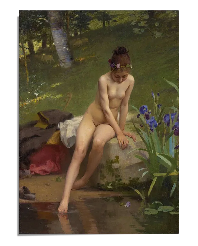 A realistic oil painting depicting a young nude woman sitting on a stone near a small body of water, touching the surface with her fingertips. She wears a floral wreath in her hair and is surrounded by tall green grass and blooming purple flowers. Behind her, a soft pile of clothing and a lush forest add to the serene and natural atmosphere. The warm sunlight filters through the trees, casting gentle shadows.