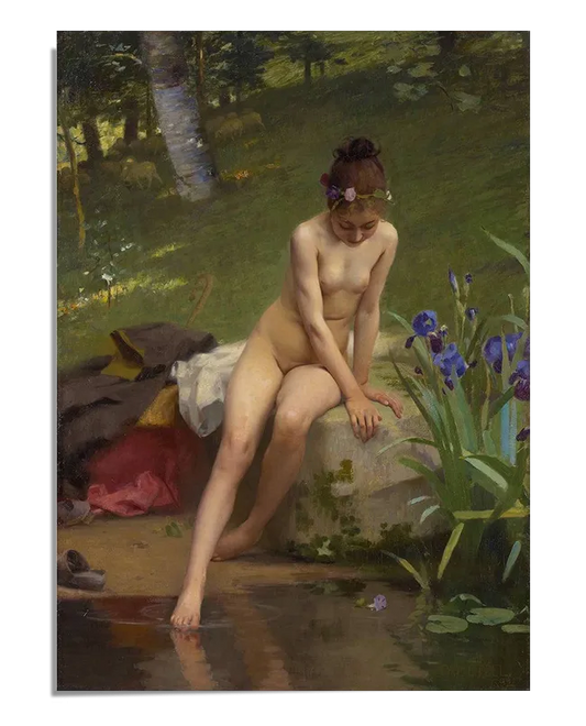 A realistic oil painting depicting a young nude woman sitting on a stone near a small body of water, touching the surface with her fingertips. She wears a floral wreath in her hair and is surrounded by tall green grass and blooming purple flowers. Behind her, a soft pile of clothing and a lush forest add to the serene and natural atmosphere. The warm sunlight filters through the trees, casting gentle shadows.