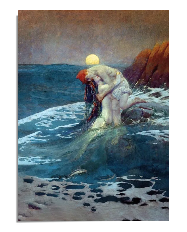 A painting of a couple embracing in the sea, surrounded by swirling waves. The man and woman are close together, with the woman’s flowing gown gently lifted by the waves. The soft light of the moon and setting sun casts a warm glow on the scene. The crashing waves add a sense of movement and passion to the image, while the figures of the couple remain central, creating a powerful and romantic composition.