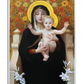 A classical painting of the Virgin Mary holding the Christ Child. Mary is dressed in dark robes with a golden halo around her head, while the child Jesus, seated in her lap, extends his arms in a loving gesture. The background features vibrant flowers, and lilies are placed at the base of the image, symbolizing purity. The scene is warm and serene, with soft lighting highlighting the figures.