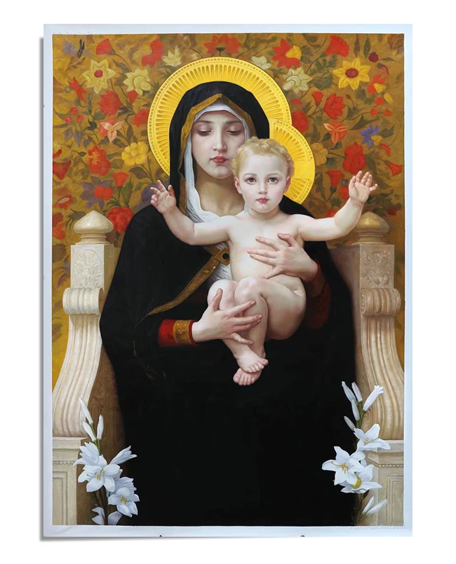 A classical painting of the Virgin Mary holding the Christ Child. Mary is dressed in dark robes with a golden halo around her head, while the child Jesus, seated in her lap, extends his arms in a loving gesture. The background features vibrant flowers, and lilies are placed at the base of the image, symbolizing purity. The scene is warm and serene, with soft lighting highlighting the figures.