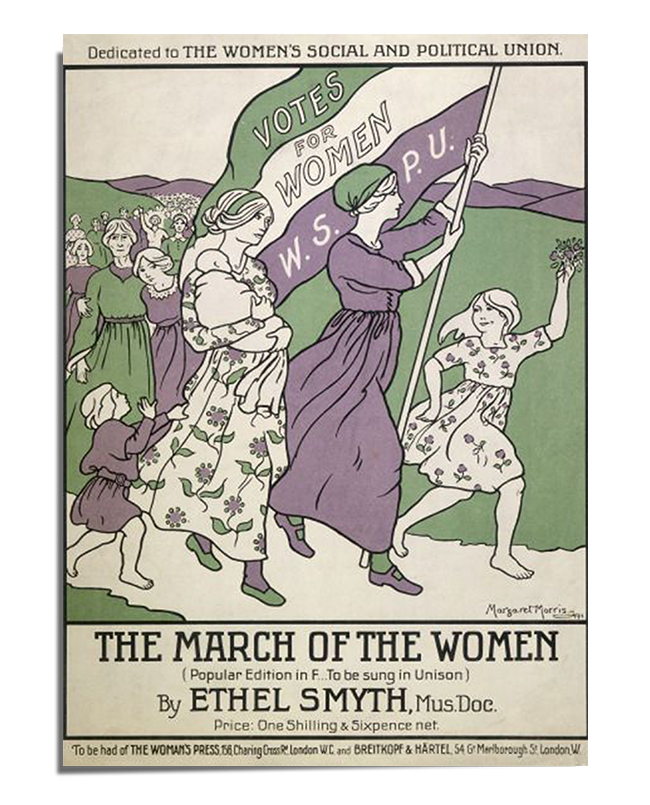 A vintage illustration featuring a group of women marching forward, waving banners in shades of purple and green that read "Votes for Women." The leader, dressed in a long purple robe, holds a flag high. Behind her, women of various ages join the march, representing unity and strength in the fight for women's voting rights.