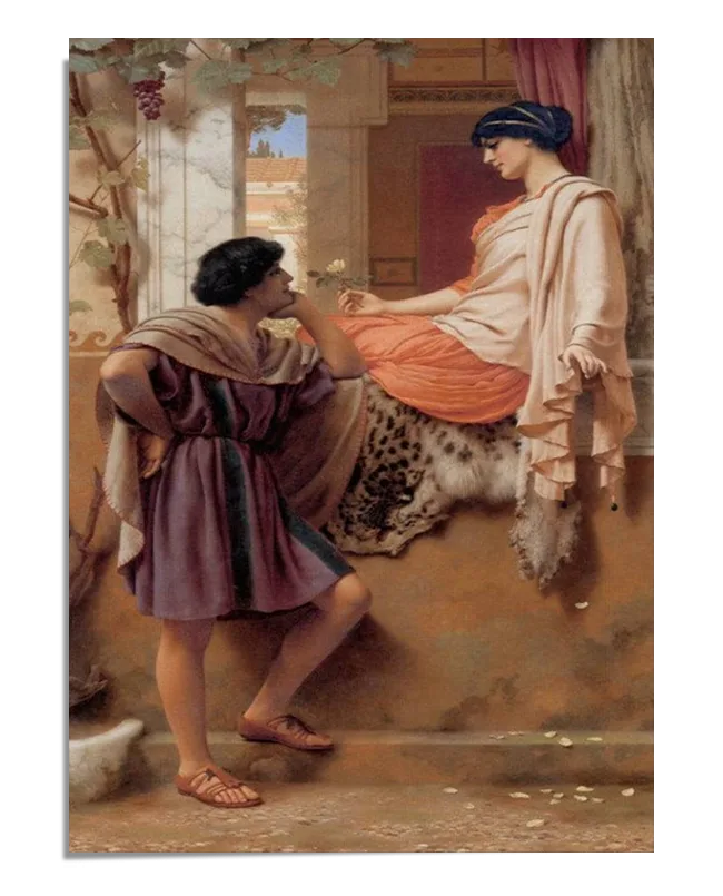 A Neoclassical painting depicting a man and a woman in flowing classical garments, engaged in a conversation in a tranquil outdoor setting. The soft lighting highlights their expressions and the intricate details of their attire. The lush background and classical architecture add to the serene and timeless atmosphere of the scene.