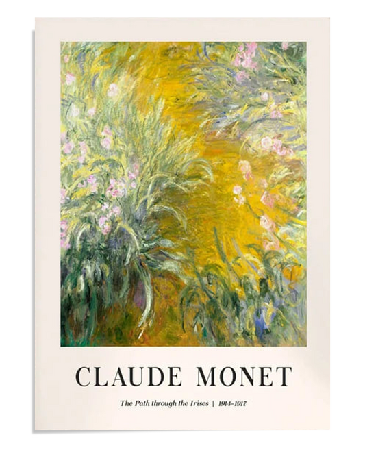 A beautiful floral scene by Claude Monet, featuring a path through vibrant purple irises set against golden foliage. The brushstrokes convey a sense of movement, capturing the sunlight filtering through the flowers. The painting radiates warmth and tranquility, making it an ideal choice for nature-inspired home decor and art lovers. Perfect for those who appreciate Monet’s Impressionist style and the beauty of garden landscapes.