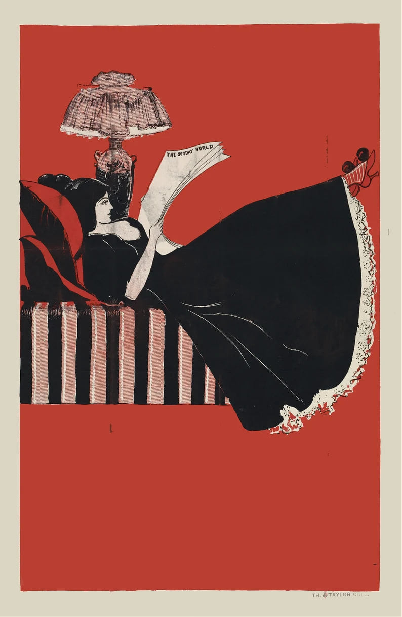 A graceful Art Nouveau print of a woman relaxing on a striped sofa, reading a newspaper. The vibrant red background and organic lines capture the timeless beauty of the period, creating a serene and stylish atmosphere for any space.