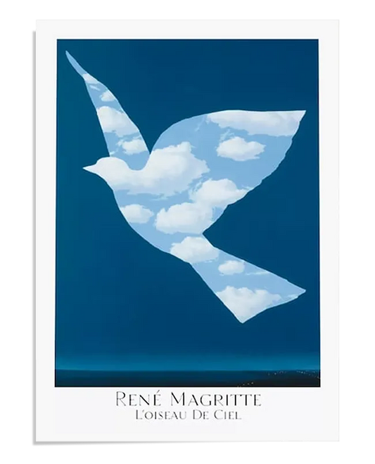 A surrealist painting featuring the silhouette of a bird filled with bright blue sky and white clouds, set against a deep blue background. The bird appears to merge with the sky, creating a dreamlike and symbolic effect. A subtle horizon line is visible at the bottom of the image, enhancing the depth of the composition.