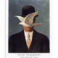 A surrealist painting featuring a man in a dark suit and bowler hat, standing against a background of sky and sea. A white dove with outstretched wings hovers in front of his face, obscuring his features. The composition is minimalist yet thought-provoking, with contrasting colors and a sense of mystery.
