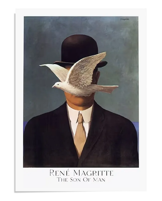 A surrealist painting featuring a man in a dark suit and bowler hat, standing against a background of sky and sea. A white dove with outstretched wings hovers in front of his face, obscuring his features. The composition is minimalist yet thought-provoking, with contrasting colors and a sense of mystery.