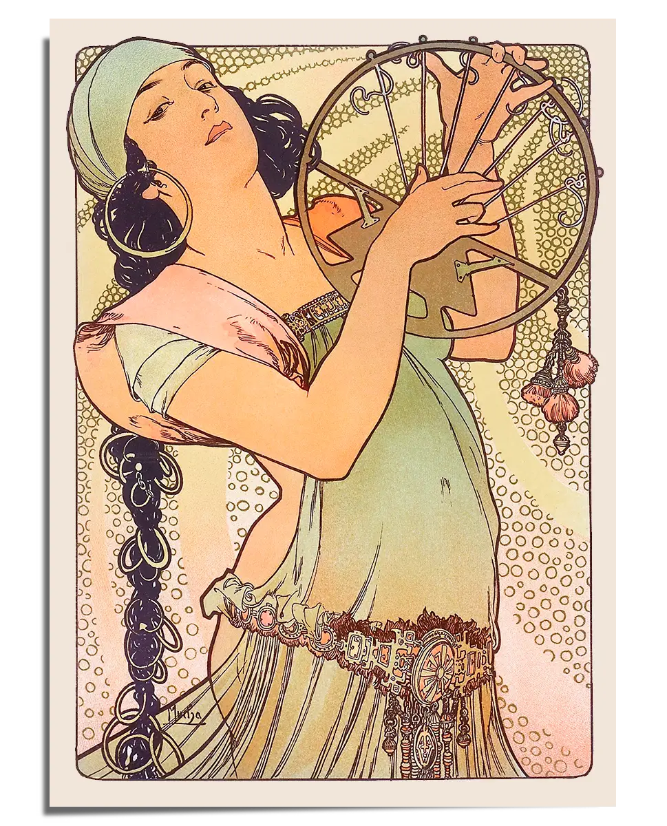 A vintage Art Nouveau illustration featuring a woman in a flowing pastel-colored gown with golden embellishments, holding a spinning wheel. She wears a light green headscarf, and her long, dark, wavy hair cascades in intricate curls. The background consists of swirling ornamental patterns in soft peach and gold tones, enhancing the ethereal and decorative quality of the composition.