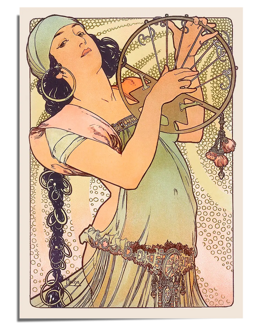 A vintage Art Nouveau illustration featuring a woman in a flowing pastel-colored gown with golden embellishments, holding a spinning wheel. She wears a light green headscarf, and her long, dark, wavy hair cascades in intricate curls. The background consists of swirling ornamental patterns in soft peach and gold tones, enhancing the ethereal and decorative quality of the composition.