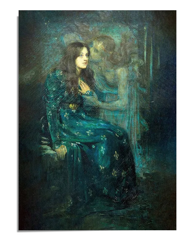 A Symbolist painting depicting a woman in a blue dress seated, gazing at a ghostly figure beside her. The ethereal figure appears to be a manifestation of her emotions. The soft, mystical light contrasts with the dark tones of the background, creating a surreal and haunting scene.