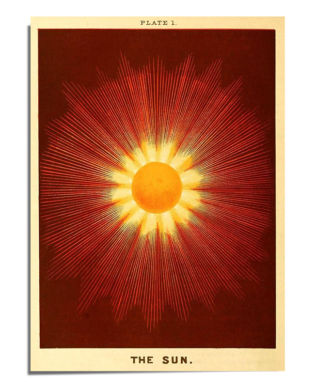 A vintage-style scientific illustration of the sun with a golden circular core and intricate radiating red and gold lines, creating a glowing sunburst effect. The background has a deep red hue with an aged aesthetic.