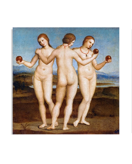 A Renaissance oil painting depicting three nude women standing closely together, embracing each other. They hold small golden apples and wear delicate red necklaces. The background features a soft blue sky and rolling hills, enhancing the painting’s serene and harmonious atmosphere.