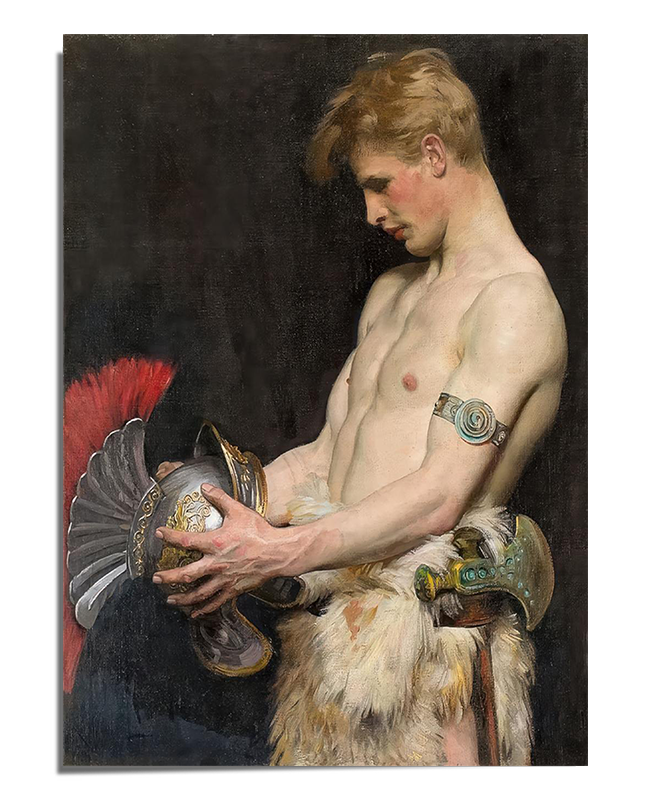 A detailed painting of a young male warrior with blonde hair, gazing intently at a plumed helmet he holds in his hands. He is shirtless, wearing a fur-trimmed garment and an intricately designed arm cuff. The background is dark, emphasizing the contrast between his fair skin and the deep shadows, giving the painting a dramatic and classical feel.