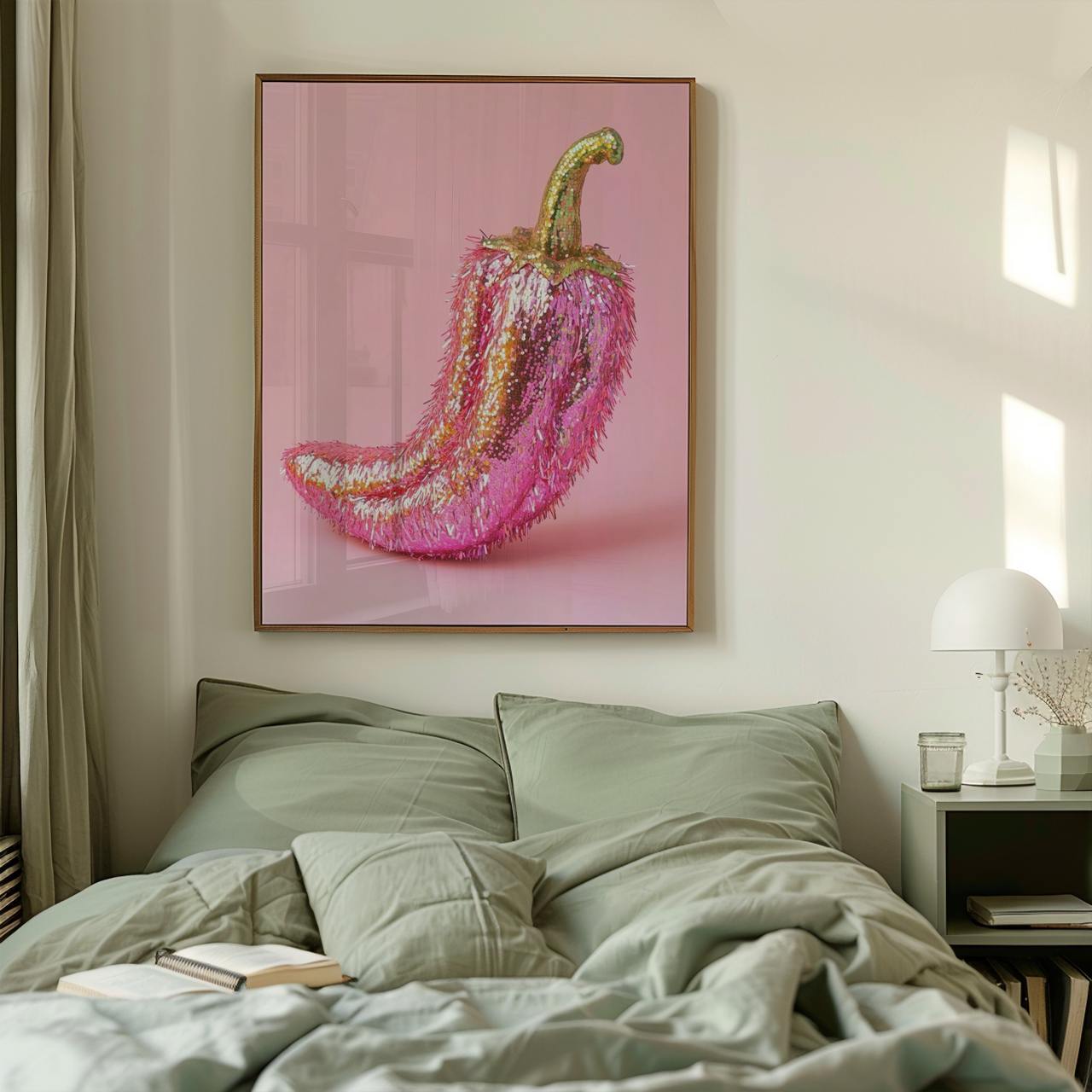 Framed artwork of a pink and gold chili pepper above a bed in a bedroom.