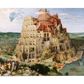 A Renaissance painting depicting the biblical Tower of Babel, a massive spiraling structure under construction with scaffolding and workers throughout. The scene includes a detailed landscape with a river, ships, and a bustling city in the background. At the foreground, a group of people gathers, possibly observing or discussing the towering construction.