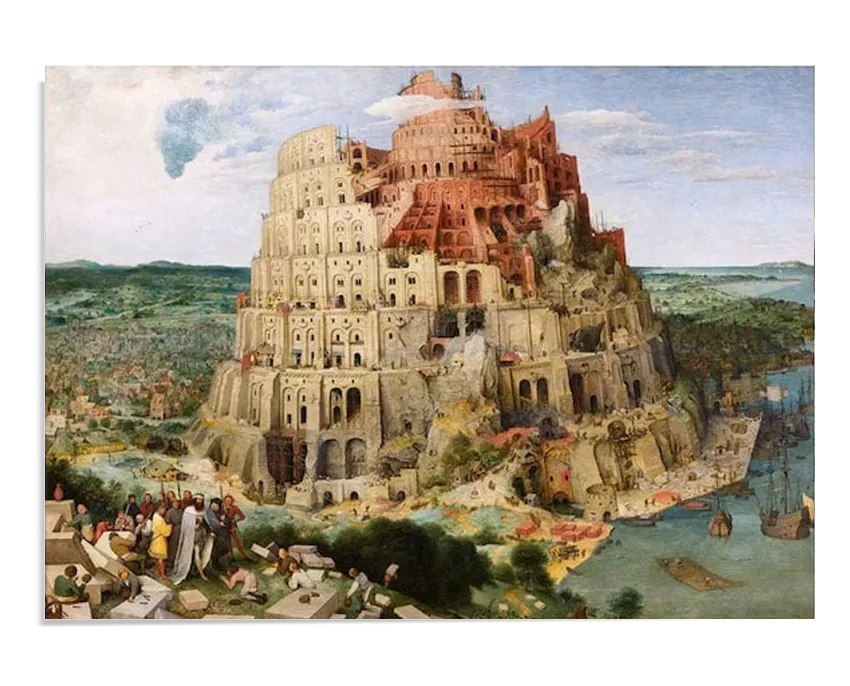 A Renaissance painting depicting the biblical Tower of Babel, a massive spiraling structure under construction with scaffolding and workers throughout. The scene includes a detailed landscape with a river, ships, and a bustling city in the background. At the foreground, a group of people gathers, possibly observing or discussing the towering construction.