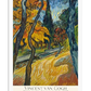 A Post-Impressionist painting depicting a path through an autumn garden, lined with twisting trees in vibrant yellow, red, and green hues. The swirling brushstrokes and bright colors convey a sense of movement and energy. The scene is filled with warmth and emotion, capturing van Gogh’s connection to nature.