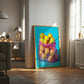 Framed artwork of a colorful bag of apples in a living room setting.