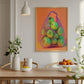 Dining room with a table, chairs, and a colorful fruit bag painting on the wall.