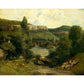 A classical landscape painting depicting a lush countryside with a river running through the center. A small stone bridge crosses the water, leading to a village with a church tower surrounded by trees. Rolling green hills and rocky cliffs frame the background, while soft clouds fill the sky. The detailed brushstrokes and earthy color palette enhance the natural beauty and peaceful atmosphere of the scene.