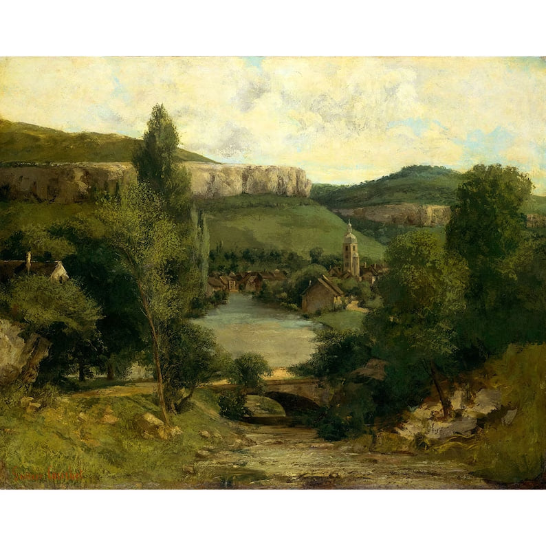 A classical landscape painting depicting a lush countryside with a river running through the center. A small stone bridge crosses the water, leading to a village with a church tower surrounded by trees. Rolling green hills and rocky cliffs frame the background, while soft clouds fill the sky. The detailed brushstrokes and earthy color palette enhance the natural beauty and peaceful atmosphere of the scene.