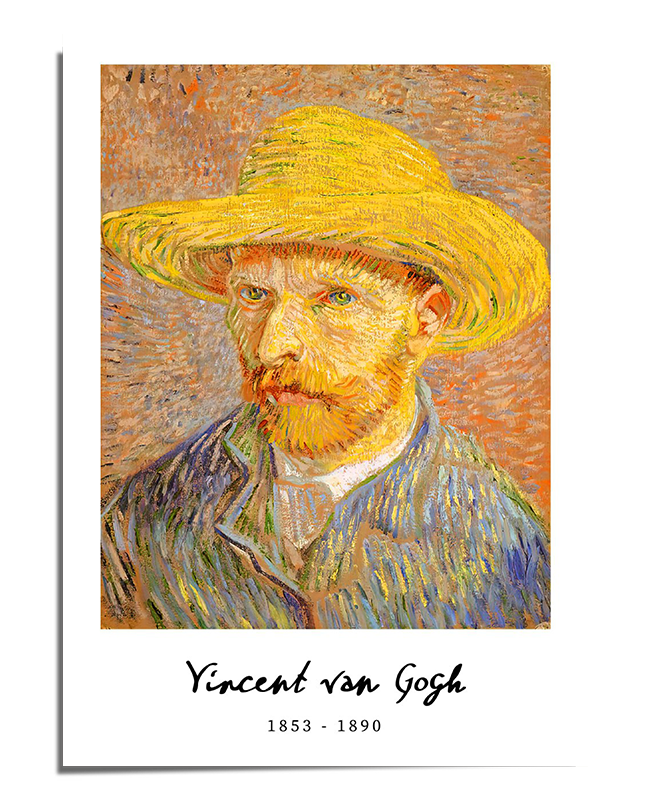 A colorful self-portrait of Vincent van Gogh, wearing a yellow straw hat and a blue jacket over a white shirt. His red beard and intense gaze stand out against a warm-toned, textured background. The painting is composed of expressive, visible brushstrokes in shades of orange, yellow, blue, and green. Below the artwork, the name "Vincent van Gogh" along with his birth and death years (1853-1890) are inscribed in elegant black script.