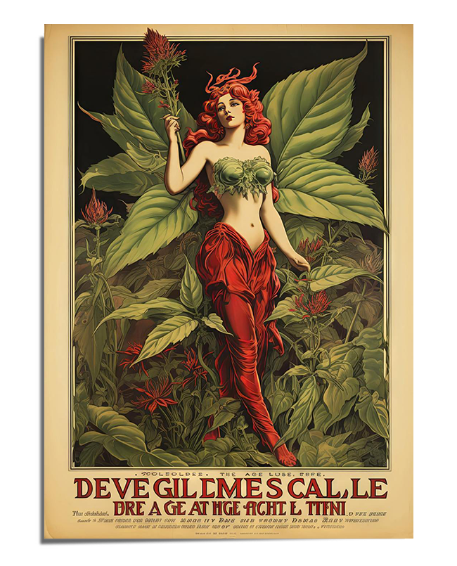 A red-haired fairy with pointed ears and delicate features stands gracefully among large cannabis leaves. She wears a dress made of red petals and green foliage. One hand is raised in a playful gesture, while the other rests gently by her side. The background is filled with lush greenery and soft shadows. The artwork has a vintage, Art Nouveau-inspired frame with decorative typography at the bottom.