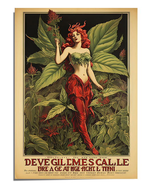 A red-haired fairy with pointed ears and delicate features stands gracefully among large cannabis leaves. She wears a dress made of red petals and green foliage. One hand is raised in a playful gesture, while the other rests gently by her side. The background is filled with lush greenery and soft shadows. The artwork has a vintage, Art Nouveau-inspired frame with decorative typography at the bottom.