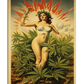 A vintage-style illustration of a woman with wavy brown hair, wearing a bikini made of light blue leaves and a wreath of green foliage on her head. She stands confidently among cannabis plants, with one arm raised. Behind her, a glowing sunburst pattern in red and yellow creates a dramatic, radiant effect. The artwork has a retro, pin-up aesthetic with soft, muted colors and a nostalgic feel.