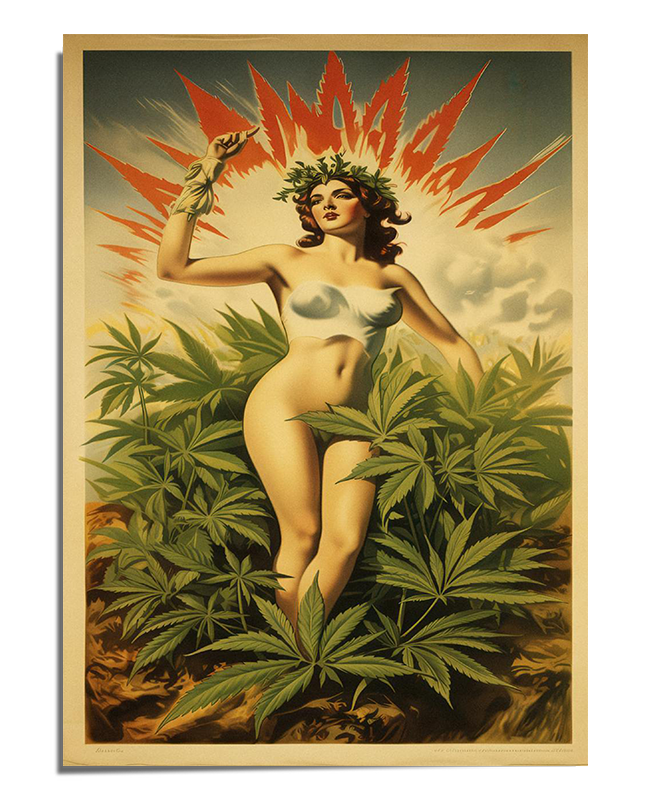 A vintage-style illustration of a woman with wavy brown hair, wearing a bikini made of light blue leaves and a wreath of green foliage on her head. She stands confidently among cannabis plants, with one arm raised. Behind her, a glowing sunburst pattern in red and yellow creates a dramatic, radiant effect. The artwork has a retro, pin-up aesthetic with soft, muted colors and a nostalgic feel.