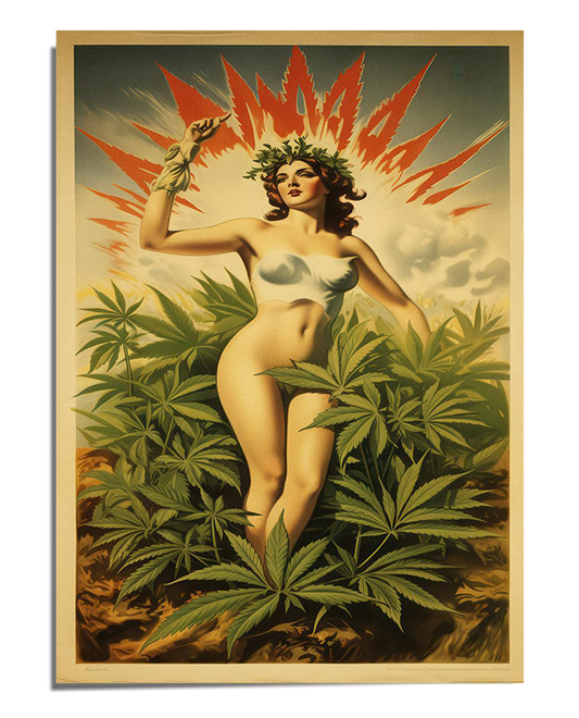 A vintage-style illustration of a woman with wavy brown hair, wearing a bikini made of light blue leaves and a wreath of green foliage on her head. She stands confidently among cannabis plants, with one arm raised. Behind her, a glowing sunburst pattern in red and yellow creates a dramatic, radiant effect. The artwork has a retro, pin-up aesthetic with soft, muted colors and a nostalgic feel.