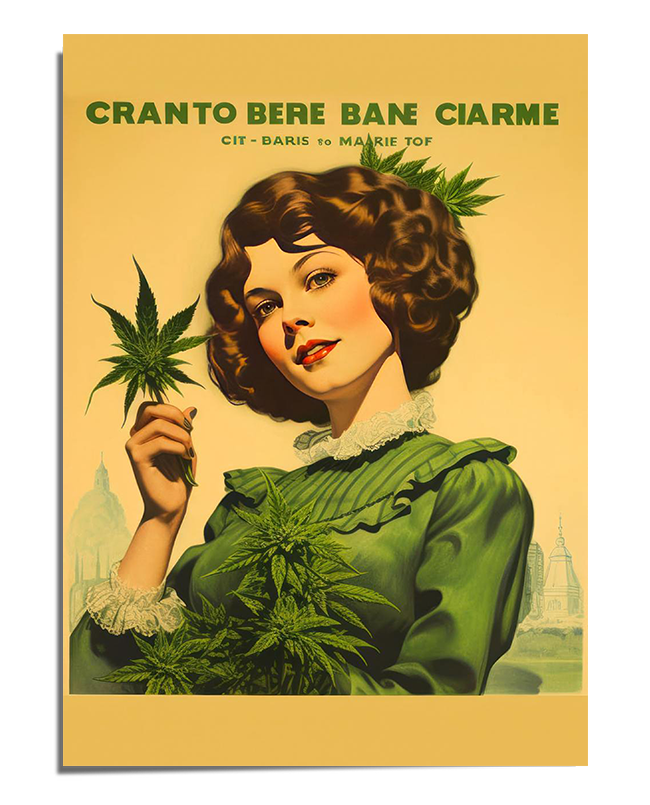 A woman with short, wavy brown hair wears a vintage green dress and holds a cannabis leaf near her face with a confident smile. Another leaf is tucked into her hair. The background is warm yellow with stylized text at the top in green, resembling an old advertisement poster.