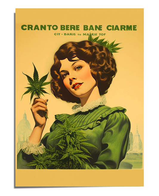 A woman with short, wavy brown hair wears a vintage green dress and holds a cannabis leaf near her face with a confident smile. Another leaf is tucked into her hair. The background is warm yellow with stylized text at the top in green, resembling an old advertisement poster.