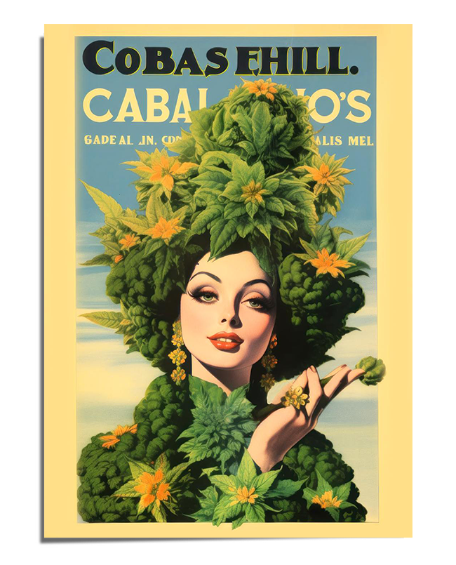 A glamorous woman with dark hair and bold makeup poses with a confident smile. Instead of traditional hair, her head is adorned with an elaborate arrangement of cannabis leaves and buds, creating a surreal and eye-catching effect. The background features vintage-style typography in bold letters, resembling an old advertisement poster. The artwork is rich in detail with warm, muted tones, enhancing its retro aesthetic.