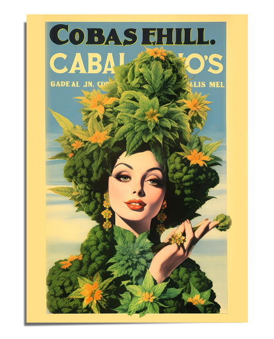 A glamorous woman with dark hair and bold makeup poses with a confident smile. Instead of traditional hair, her head is adorned with an elaborate arrangement of cannabis leaves and buds, creating a surreal and eye-catching effect. The background features vintage-style typography in bold letters, resembling an old advertisement poster. The artwork is rich in detail with warm, muted tones, enhancing its retro aesthetic.