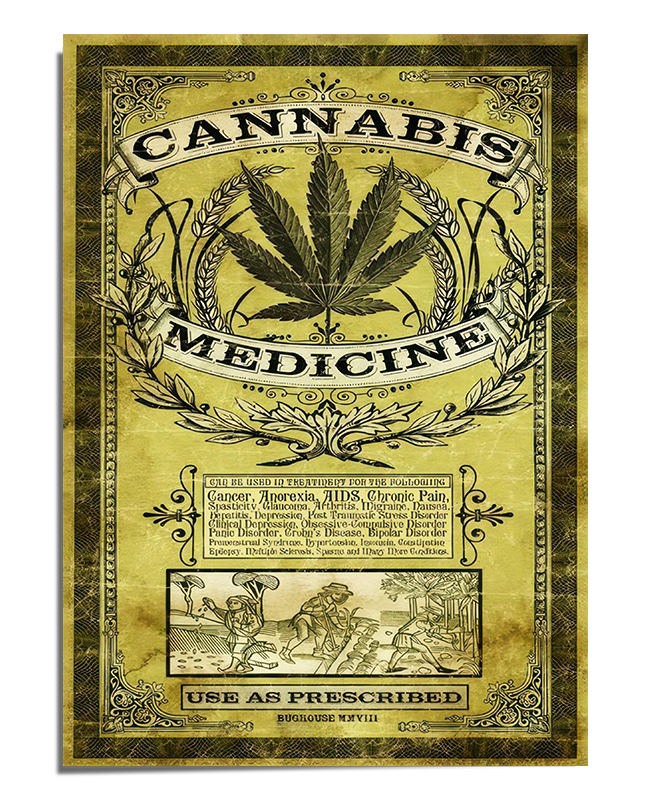 An aged, vintage-style advertisement poster featuring a large cannabis leaf in the center, framed by decorative laurel wreaths. The words "Cannabis Medicine" are displayed in bold, antique typography at the top. Below, there are smaller text details resembling an old apothecary label, along with intricate border designs and illustrations. The phrase "Use as Prescribed" is printed at the bottom. The background has a worn parchment texture, enhancing its antique aesthetic.