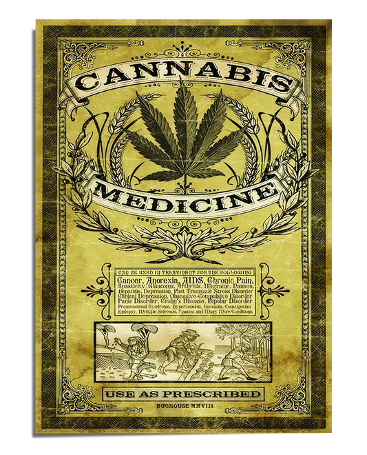 An aged, vintage-style advertisement poster featuring a large cannabis leaf in the center, framed by decorative laurel wreaths. The words "Cannabis Medicine" are displayed in bold, antique typography at the top. Below, there are smaller text details resembling an old apothecary label, along with intricate border designs and illustrations. The phrase "Use as Prescribed" is printed at the bottom. The background has a worn parchment texture, enhancing its antique aesthetic.