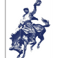 A monochrome blue illustration of a cowboy riding a bucking horse, with one hand gripping the reins and the other raised in the air, holding his hat. The rider wears traditional Western attire, including a loose shirt, chaps, and boots. The horse is mid-motion, its legs kicking and head lowered, emphasizing the intensity of the rodeo moment. The background is plain white, making the bold blue ink stand out.