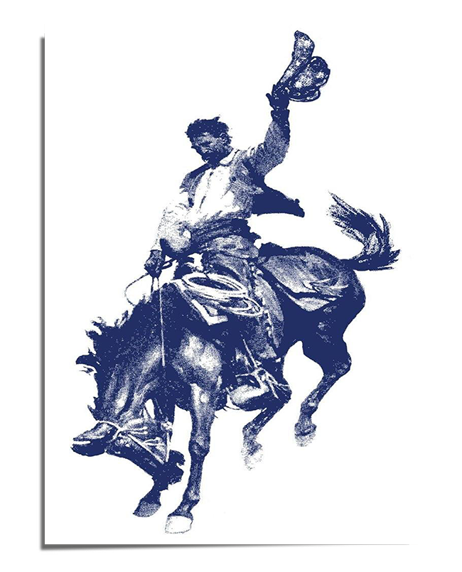 A monochrome blue illustration of a cowboy riding a bucking horse, with one hand gripping the reins and the other raised in the air, holding his hat. The rider wears traditional Western attire, including a loose shirt, chaps, and boots. The horse is mid-motion, its legs kicking and head lowered, emphasizing the intensity of the rodeo moment. The background is plain white, making the bold blue ink stand out.
