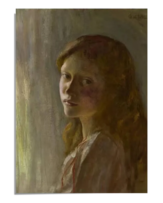 A classical oil painting of a young woman with soft, wavy auburn hair, gazing at the viewer with a quiet expression. She wears a delicate white blouse with subtle red accents. The background consists of muted, textured tones, creating an intimate and nostalgic atmosphere. The lighting gently highlights her features, emphasizing the depth and realism of the portrait.

