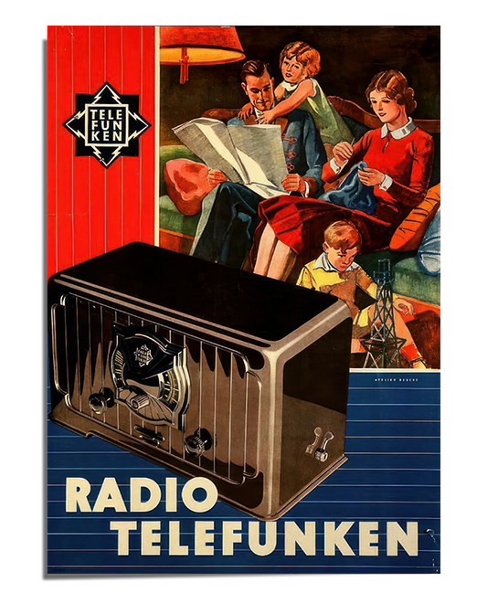 A vintage advertising print featuring a Telefunken radio in the foreground, with a mid-century family enjoying their time together in the background. The artwork includes bold colors, period-accurate typography, and a nostalgic aesthetic.

