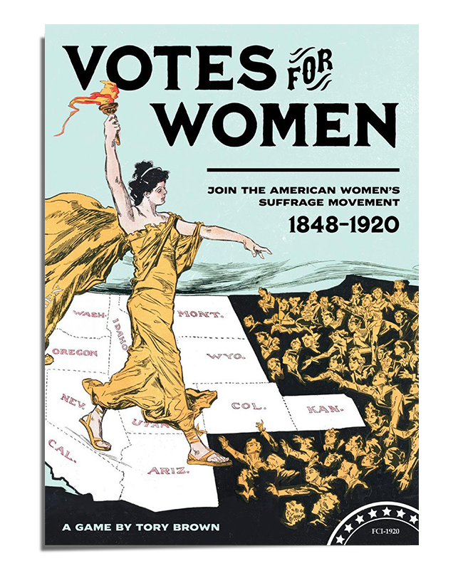 A vintage-style political poster featuring a woman in a flowing gold dress holding a torch high. She stands over a map of the United States, symbolizing the spread of the suffrage movement. The bold black typography at the top reads Votes for Women, with additional text stating Join the American Women’s Suffrage Movement 1848-1920. The poster uses strong contrast between black, gold, and pale blue tones to create a powerful visual impact.