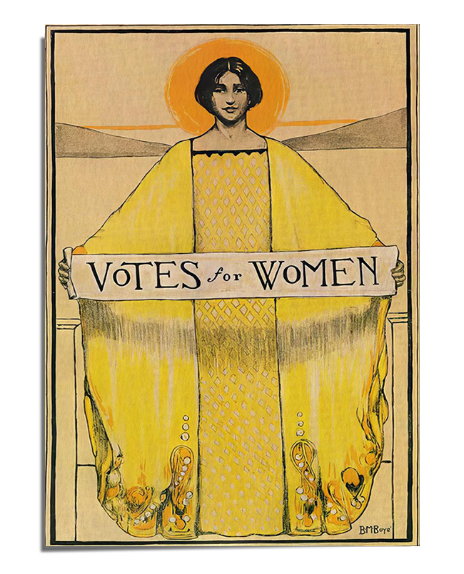 A vintage-style illustration featuring a woman dressed in a long, flowing yellow robe, standing with outstretched arms holding a banner that reads "Votes for Women." A soft golden glow surrounds her head, giving the image an empowering and iconic presence.