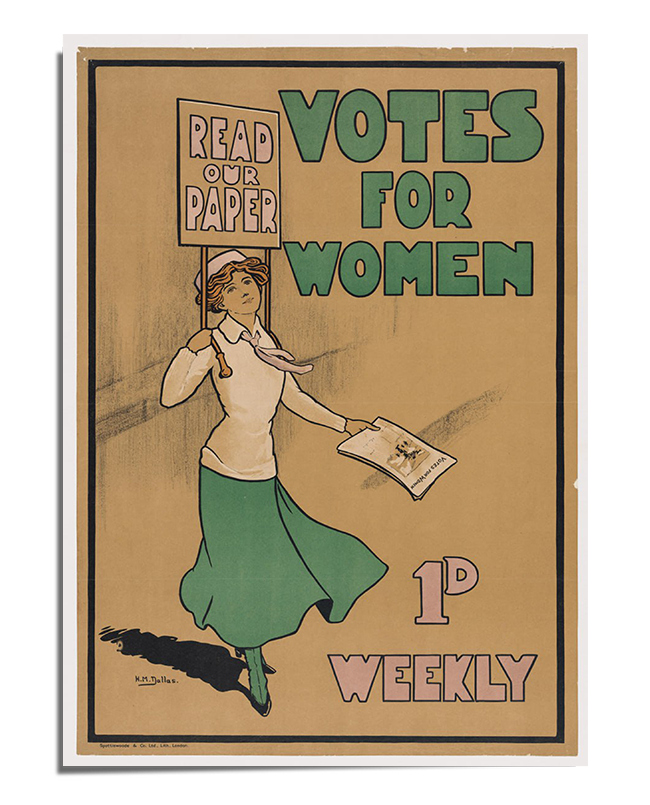 A vintage illustration of a young woman in a green skirt and white blouse, confidently striding forward while holding a newspaper in one hand and a sign that reads "Read Our Paper" in the other. The bold green and black typography states "Votes for Women" and "1p Weekly," promoting the suffragette newspaper. The background is a muted beige, emphasizing the retro political poster style.